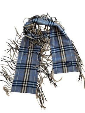 Y2K Burberry London Cashmere Thin Scarf Blue Nova Check Fringe Vintage England